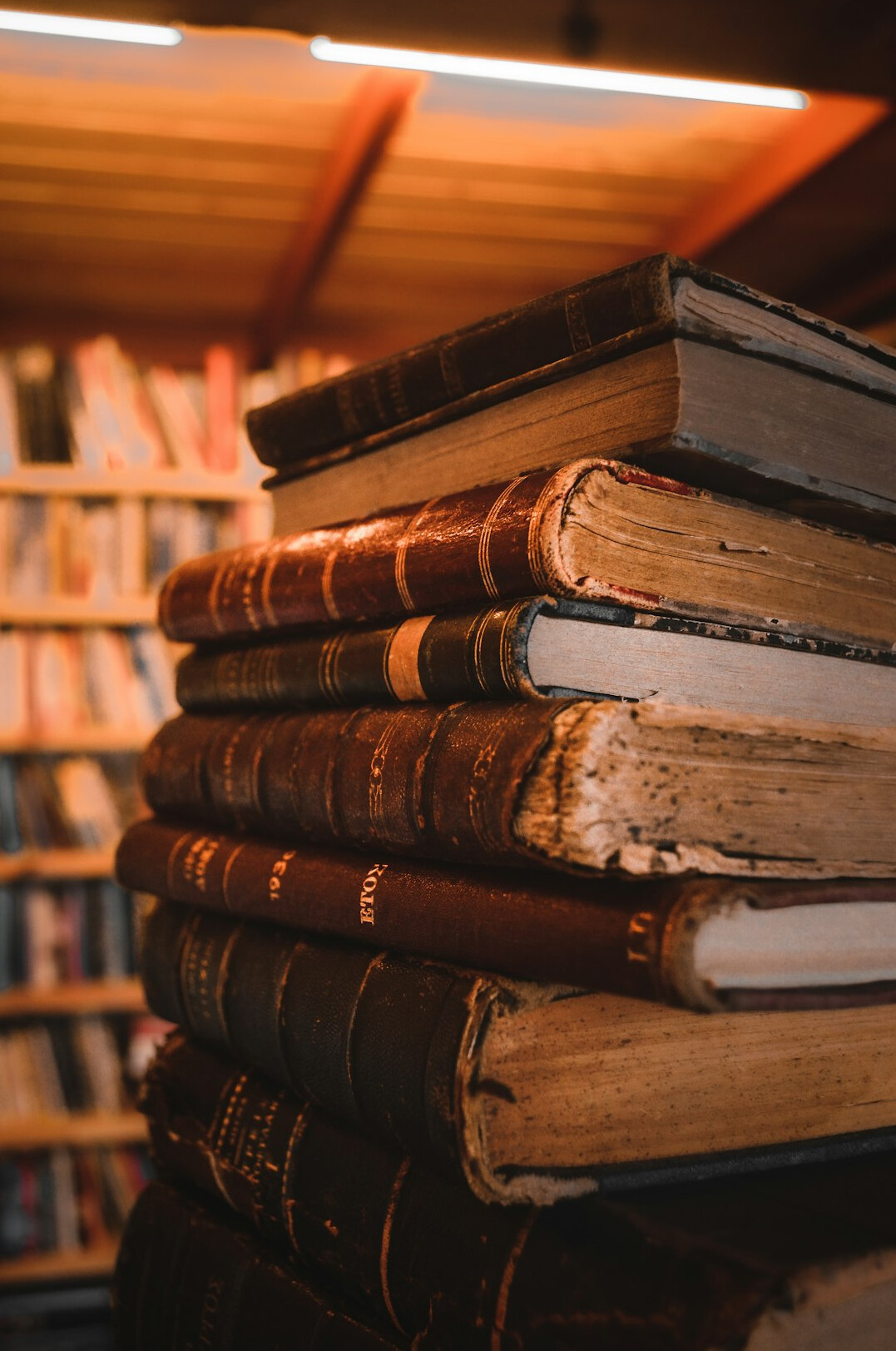 Stack of old leather-bound books