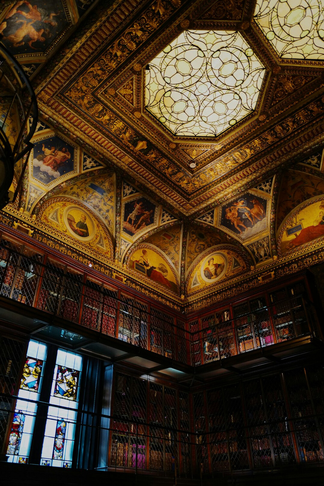 Atmospheric old library with tall wooden bookshelves