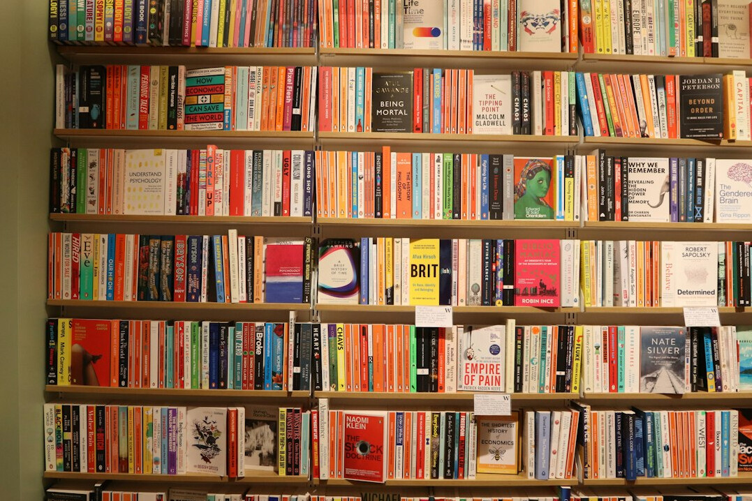 Colorful books arranged on shelves